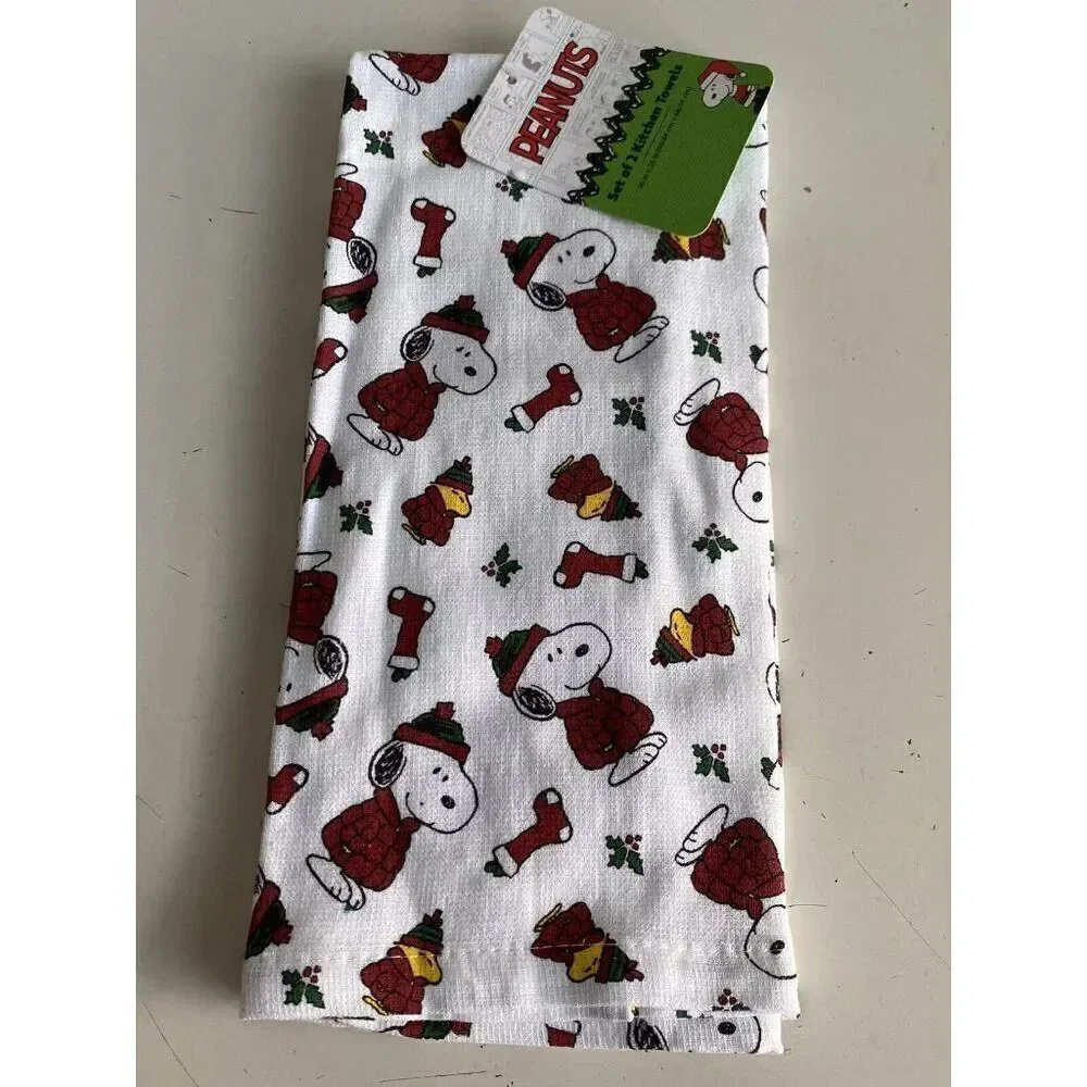 2 Pack Peanuts Snoopy Woodstock Puffy Coat Christmas Kitchen Towels 16 X 26